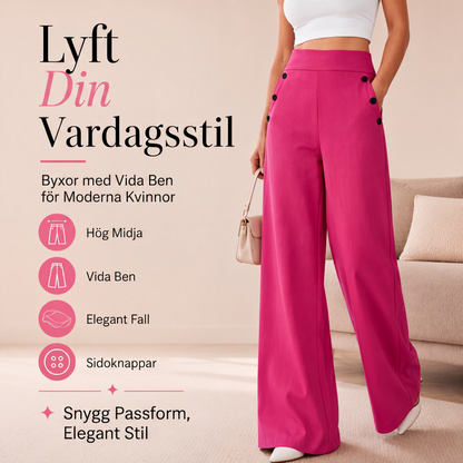 Damens högmidjade vida byxor med sidoknappar