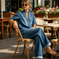 Sommarset i denim för damer – topp med V-ringning och byxor med vida ben