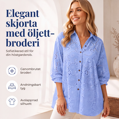 Kvinnlig kortärmad skjorta med hålmönster, blonder och utbränd mönstring