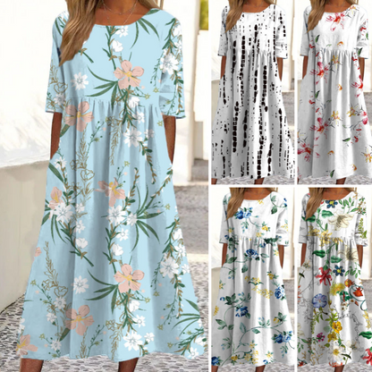 👗🌸Elegant lång klänning med rund hals och blommönster för damer