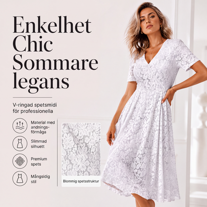 Elegant spetsklänning för kvinnor med V-ringning