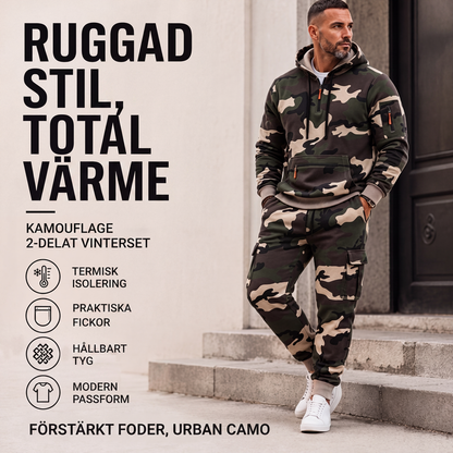 Klädset för män: varm huvtröja och byxor i kamouflage
