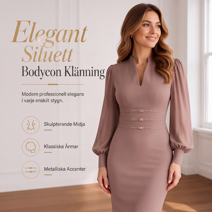 Elegant kroppsnära klänning för kvinnor med V-ringning och biskopsärmar