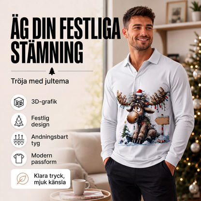 Långärmad kragad tröja med älgtryck för män