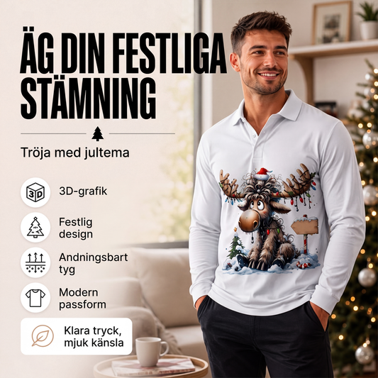 Långärmad kragad tröja med älgtryck för män