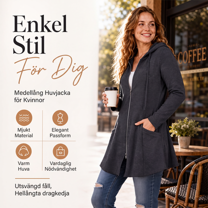 Damkappa med huva och dragkedja, medellängd