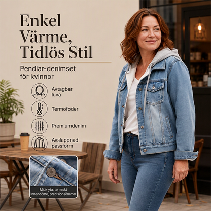 Kvinnors lagerad huvad jeansjacka med varmt foder