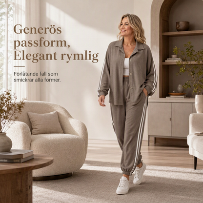 Kvinnors lediga tvådelade loungewear-set med överdimensionerad knäppt skjorta och joggingbyxor med sidoränder