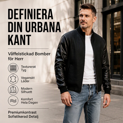 Herr vaddad jacka med vävt mönster och ärmar av PU-läder