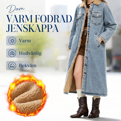 Lång fodrad varm denimkappa för kvinnor
