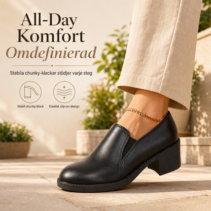 Kvinnors brittisk stil retro slip on lågskor med medelhöga blockklackar, storlekar i plusstorlek med tjocka klackar