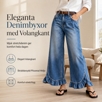 Damjeans med bekväm stretch, vida ben, veckad midja och volangkant