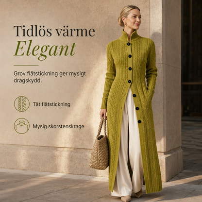Dam lång kabelstickad mockneck-cardigan, långkofta i tröjskoftsdesign