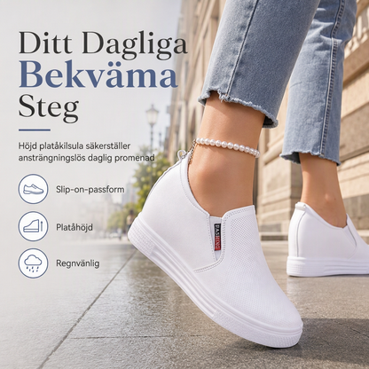 Damskor i mjukt läder, slip-on-modell med dold höjning, platt halkfri sula