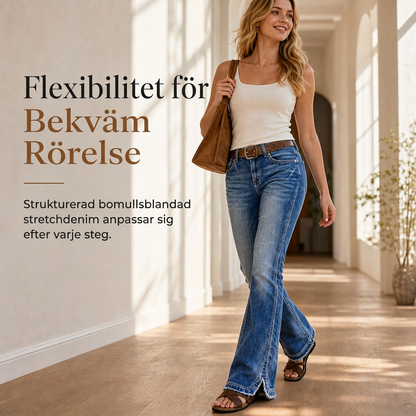 Kvinnors högmidjade retro-utsvängda jeans i denim