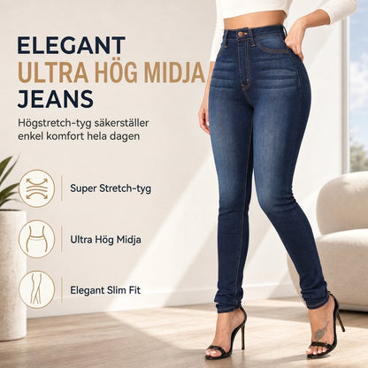 Högmidjade stretchiga jeansbyxor för kvinnor