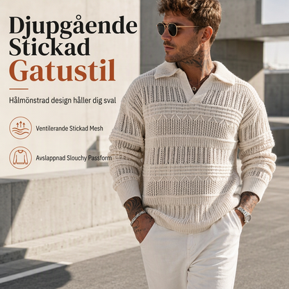 Herrtröja med slitsad krage och stickad design