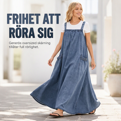 Damens oversize-kostymkjol i denim med hängslen, maxilängd, ledig stil