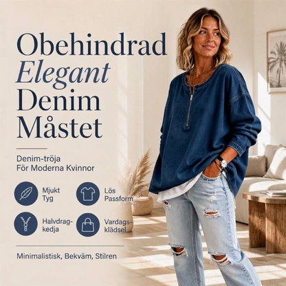 Kvinnors långärmad denimtröja med halv dragkedja