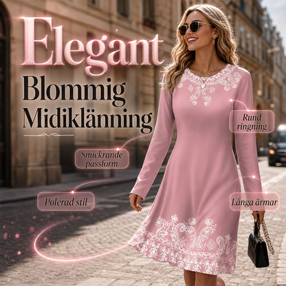 Blommig klänning med rund hals och långa ärmar för kvinnor