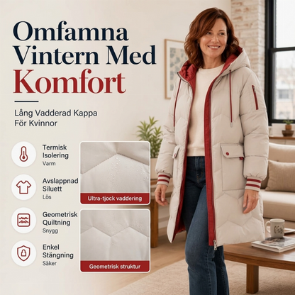 Lång vadderad kappa med huva för kvinnor