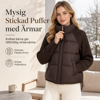 Kvinnlig kort, vadderad vinterkapp i bomull med ståndkrage, kabelstickad lapptäckning, långa ärmar och tjock, varm design