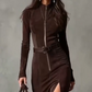 Long Sleeve Faux Suede Zipper Maxi Dress