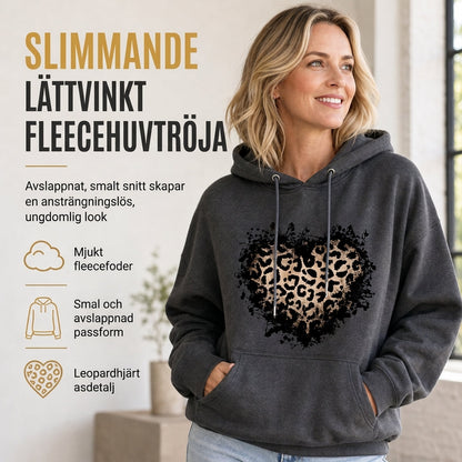 Kvinnlig ledig fleecehoodie med leopardhjärttryck och känguruficka