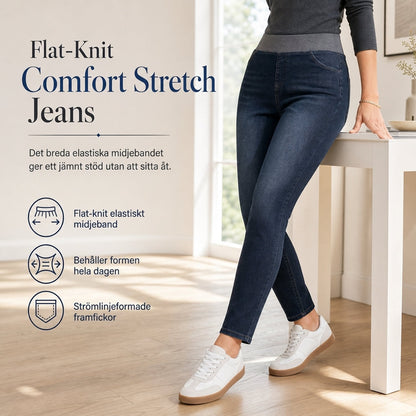 Damjeans i smal passform med hög midja, mörk tvätt och bred resårmidja, drag-on-modell