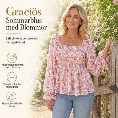 Lös blus i chiffong för kvinnor med fyrkantig urringning, blommönster och volymärmar – perfekt för semestern