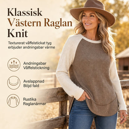 Damöverdel i westernranch-stil i raglan, långärmad stickad topp med strukturerad våffelvävd fabric och bågformad fåll