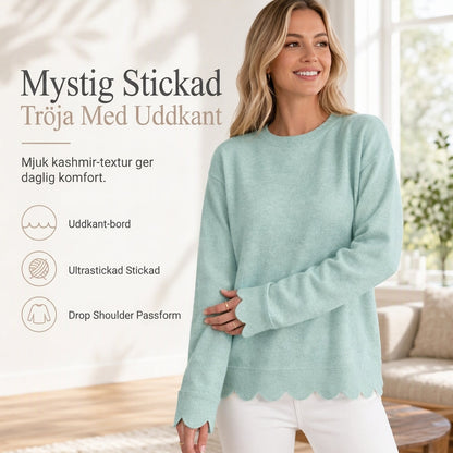 Tröja med rund halskant och musselkantad fåll för kvinnor
