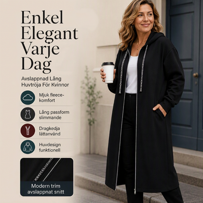 Lång fritidsjacka med dragkedja och huva för dam