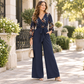 Elegant, blommig, kroppsnära jumpsuit med vida ben