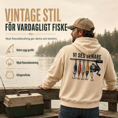 Herr retro fiske-grafisk luvtröja, avslappnad passform, mjuk fleece-sweatshirt i blandad bomull med kängficka