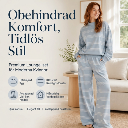Kvinnlig randig topp med hög krage och byxset med breda ben