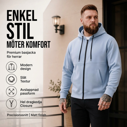 Varm, avslippnad herrjacka med dragkedja och huva