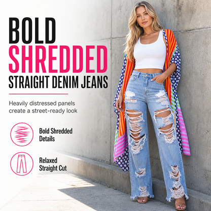 Jeans för damer i slitna, trasiga, raka modeller