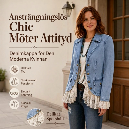 Damjacka i denim med notched lapel och spetskant