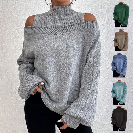 Dammodestickad tröja med hög krage och off-shoulder-design