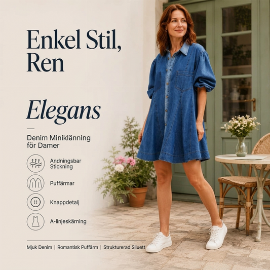 Kvinnors jeansklänning med volymärmar och knäppning framtill – Tidlös, bekväm och elegant i premiumdenim 👗✨