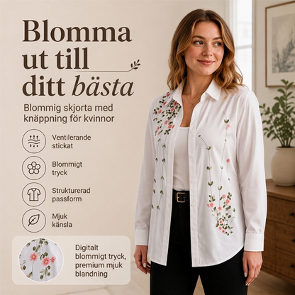 Blomstertryckt långärmad skjorta för kvinnor