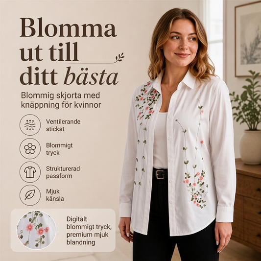 Blomstertryckt långärmad skjorta för kvinnor