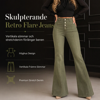 👖 Oljegröna flare-jeans för kvinnor med hög midja, flera knappar och vertikala sömmar framtill