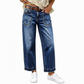 Vintage-jeans för damer i stretchtyg med raka ben, slitna påsydda fickor och fransiga, obearbetade benslut