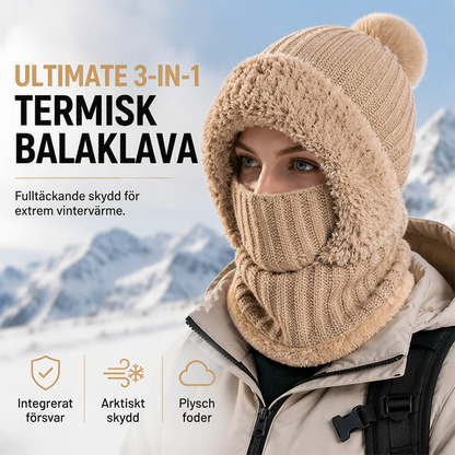 Damens stickade enhetliga vintermössa med halsduk och ansiktsmask