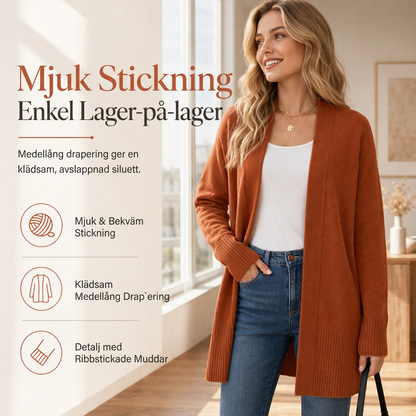 Kardigan i stickat, med öppen fram och mellanlång modell, med ribbstickade muddar