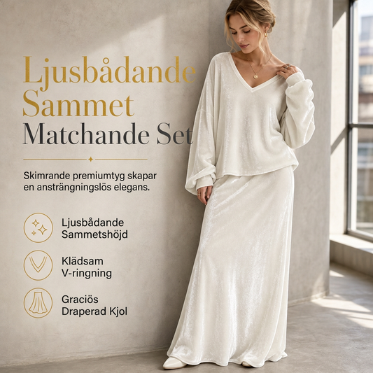 Damset i solid färgad velour med deep V-ringning, lös tröja och lång maxiklänning i veck
