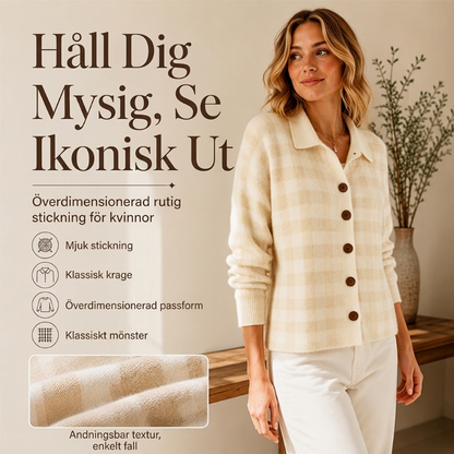 Rutig stickad kofta med knappar för kvinnor