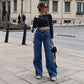 Höst och mode kvinnors högtaljiga stretchiga denim cargo byxor